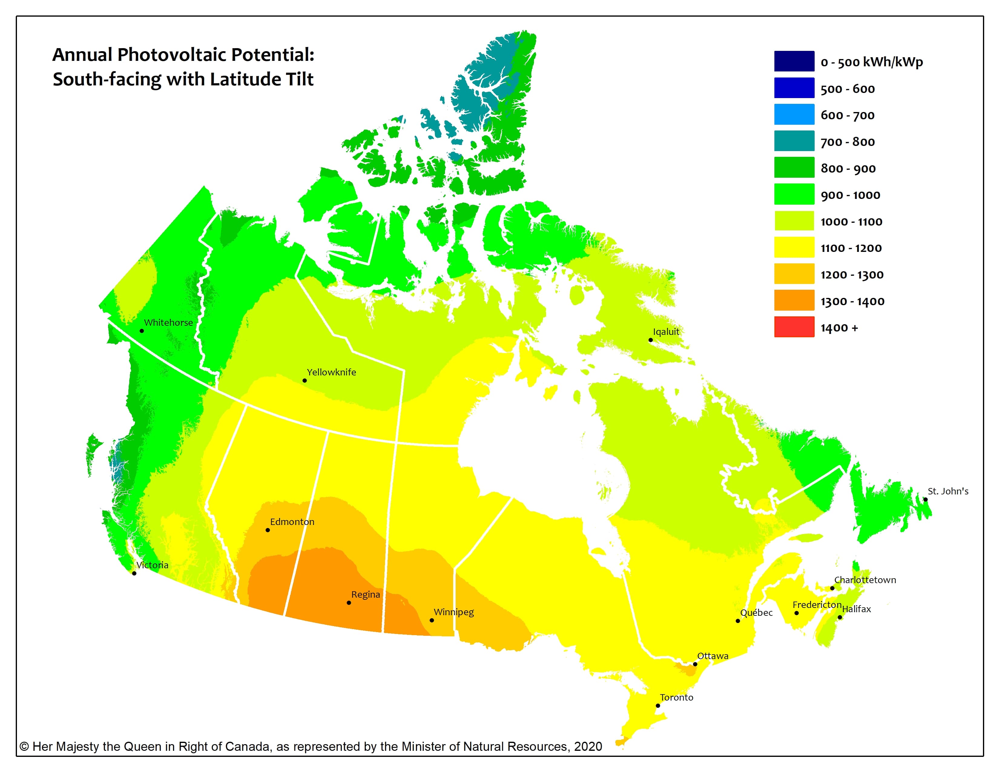 Annual South-facing Latitude Tilt Map of Canada